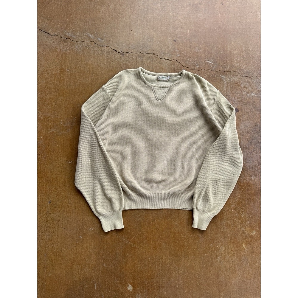 VTG 80s L.L. Bean Fisherman Knitted Single V Crewneck Sweater Heavy Tan (XL)